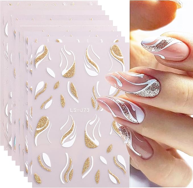 Eseres French Tip Nail Art Stickers Waves Lines Nail Decals 3D French Pattern Glitter Nail Art Design Stripe Nail Stickers 9Pcs French Nail Stickers Stripe Line Nail Decals