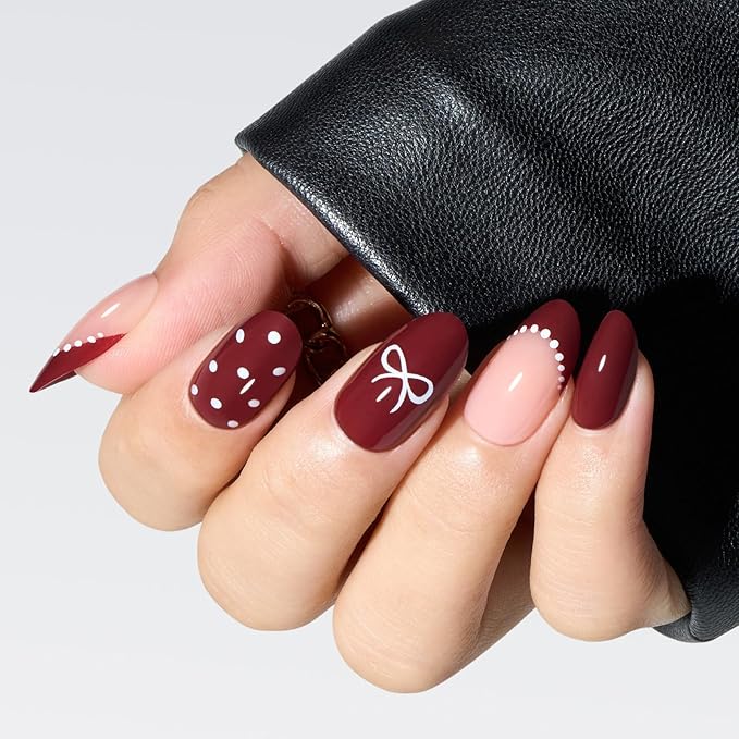 Modelones Dark Red Press on Nails Almond, Burgundy French Tip Polka Dot Bow Short Fake Nails, Reusable Nail Kit with Nail Glue Adhesive Tabs Nails Press Ons 32Pcs 16 Sizes, Women Girl Gift
