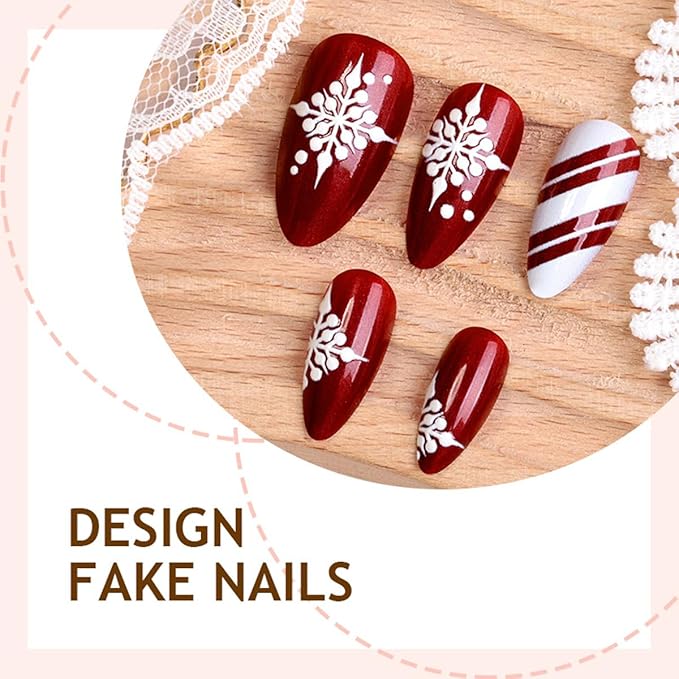 Christmas Red Press on Nails Short Almond Fake Nails Holiday Nails Press ons with Candy Cane Stripes,Snowflake Design Full Cover Stick on Nail for Women Winter Manicure,Reusable | Easy Apply | 24Pcs