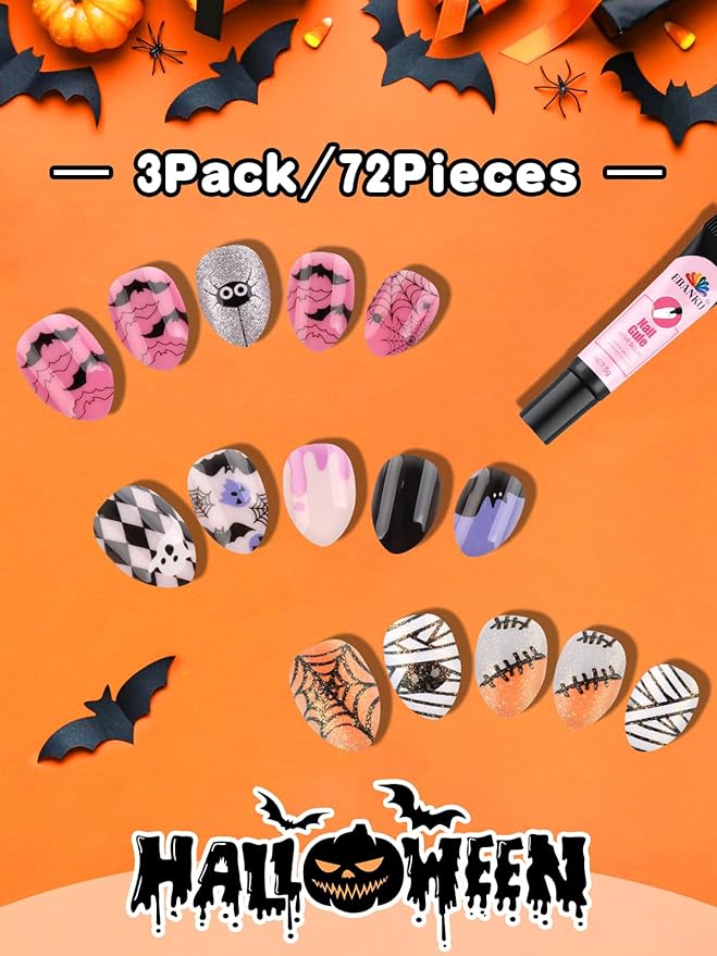 72 Pieces Halloween Press on Nails for Kids, EBANKU Sparkle 3 Pack Kid Fake Nail Kit Cute Ghost Spider Press on Nails for Girls 7-12 Years with Nail Glue