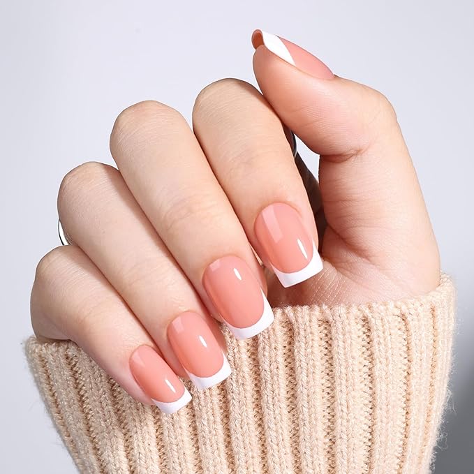 French Tip Press On Nails - Short Square Peach-toned Nude Press on Nails Glossy Nails Press Ons for Women DIY Fake Nails Kit with Glue, Reusable Glue on Nails in 16 Sizes - 32pcs, Peach Tip