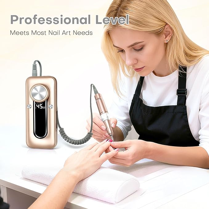 Nail Drill Electric Nail File Kit 45000 RPM Professional Efile Nail Set,Cordless Portable Rechargeable Acrylic Gel Nail Polish Remover Machine Pedicure Manicure Tool with for Salon Home Gold