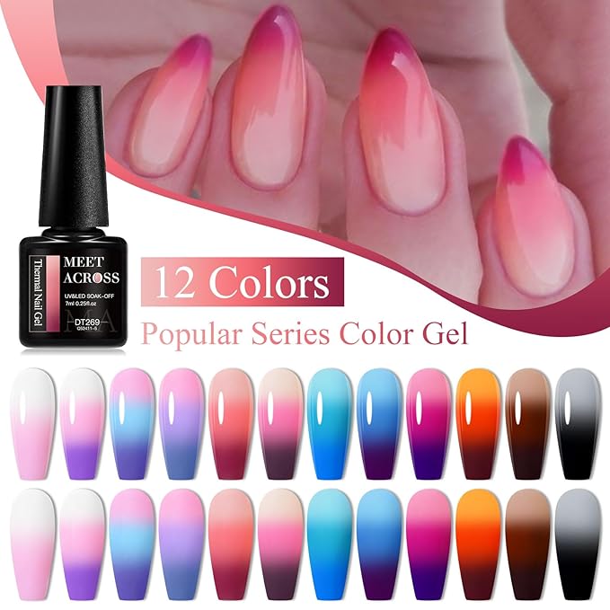 MEET ACROSS 12Pcs Color Changing Gel Nail Polish Set Nude Pink Sky Blue Brown Temperature Mood Changed Nail Polish Gel DIY Salon Gift for Women