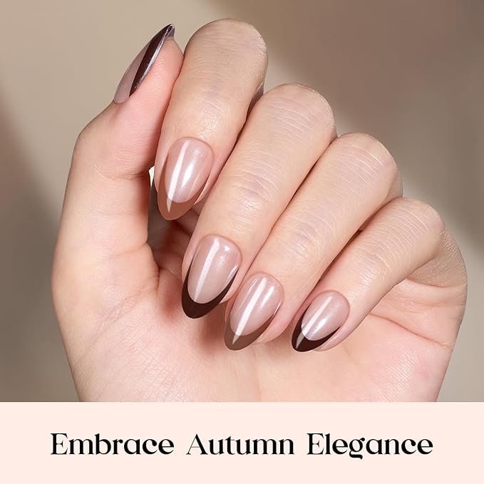 Beetles French Tip Press On Nails - Cocoa Mousse French | 7 Colors Short Almond Press On Nails Brown | 16 Sizes 224 Pcs Natural Salon Quality For Winter Nails