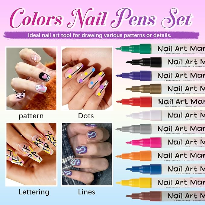 12 Colors Nail Art Pens Set, 3D 0.5MM Nail Polish Pens, DIY Nail Markers, Quick Drying Long Lasting Paint Graffiti Point Dotting Liner Pen Tools for Home & Salon