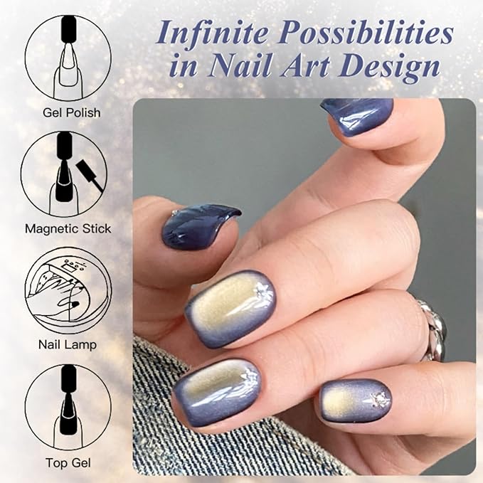 MEET ACROSS 8PCS/SET Light Golden Magnetic Gel Nail Polish Kit, Semi-Permanent Soak Off LED, Super Bright Cat Eye Series Nail Art Gift for Women