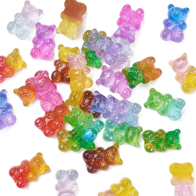 FASHEWELRY 32Pcs Resin Gummy Bear Charm Pendants 8 Colors Cartoon Bear Candy Cabochon for Necklace Bracelet Earring Jewelry Making