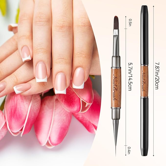 Acrylic Nail Brush,Double-ended Nail Brush French Tip Brush,Nail Art Painting Brush for Long Lines,Thin Details, Fine Drawing,Builder Gel,Polygel (Long-build brush+10mm Line brush)