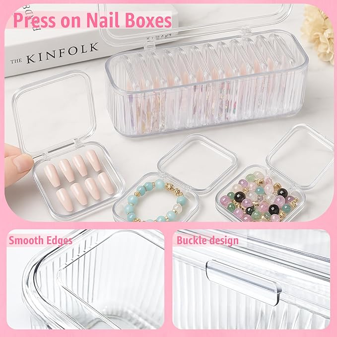 Clear Press On Nail Storage Containers 12-Pack Stackable Cases, Press Ons Nail Packaging Organizer Case, Acrylic Tips and Fake Nails Display Box for Travel and Salon Use (Clear 01)