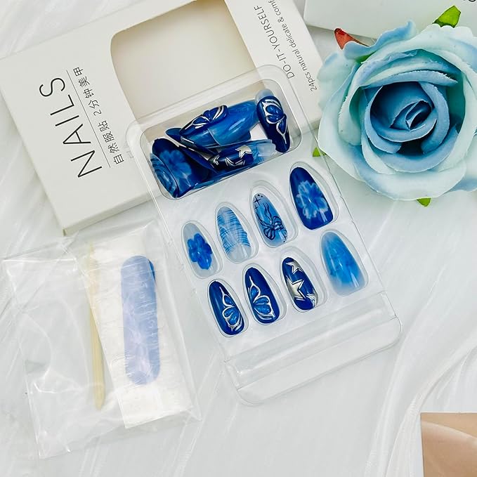 Blue Press on Nails Medium Almond Fake Nails Flower Butterfly Full Cover Glue on Nails with Silver Star Designs Stick on Nails Blue Bow Artificial False Nail Decor for Women Manicure Supplies 30pcs