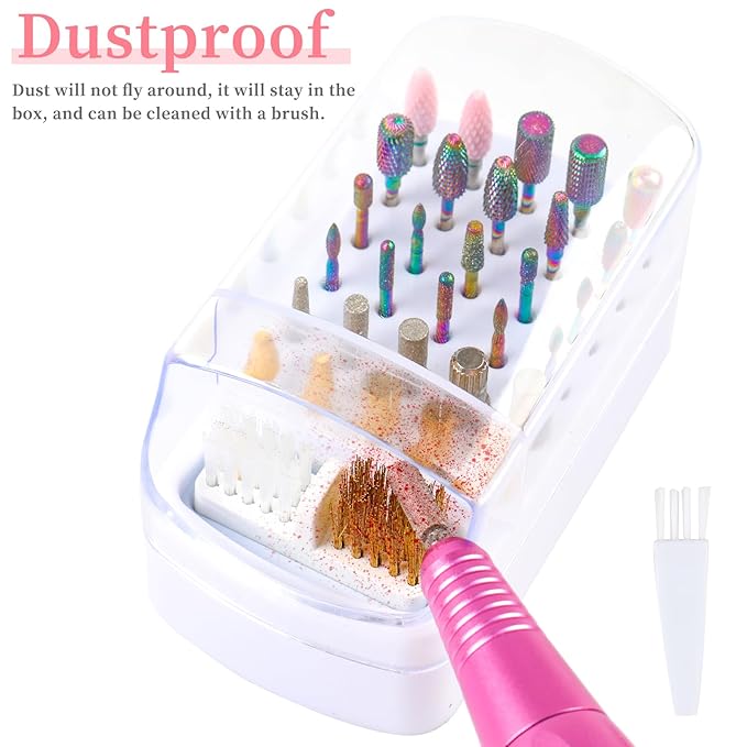 2 in 1 Nail Drill Bits Holder & Cleaner, 30 Holes, Dustproof Storage Box, Includes 3 Cleaning Brushes, White, Acrylic Plastic, Cosmetic Nail Set, Kit
