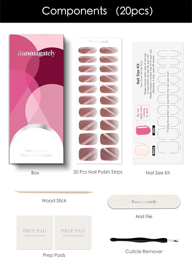 Semi Cured Gel Nail Strips, 20Pcs Long Lasting Salon Quality Wraps, Easy Apply & Remove Gel Nail Stickers with UV Light (Red Twilight)
