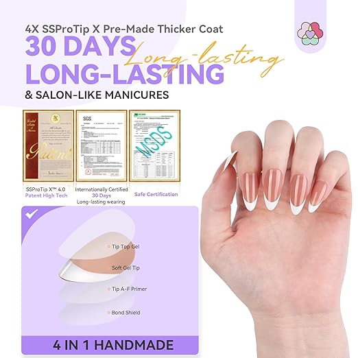 SAVILAND Press On Nails French Tip: 4-In-1 French Gel Nail Tips Pre-Building Medium Almond French Press On Nails 15 Sizes Full Cover Tips for Nails Soak Off Acrylic Fake Nails Extensions Nail Art DIY
