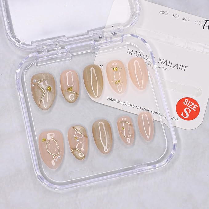 Handmade Press on Nails Short Length Thick Acrylic Nails Glitter False Nails with Steel Ball & Pearl Designs Almond Shaped Fake Nails French Full Cover Stick on Nail for Women (Size S）