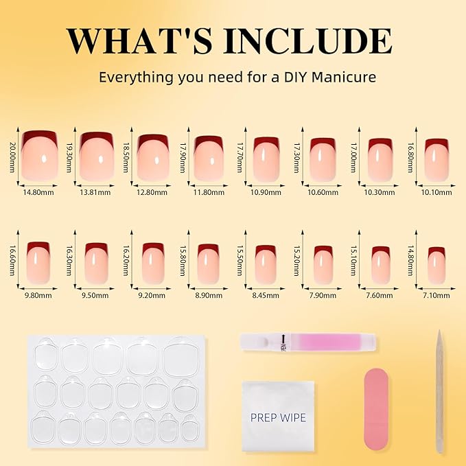 Red French Tip Press On Nails - Short Square Red Tips Press on Nails Glossy Nails Press Ons for Women DIY Fake Nails Kit with Glue, Reusable Glue on Nails Short in 16 Sizes - 32pcs, Cherry Tip