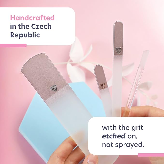 Bona Fide Beauty Handmade Czech Glass Manicure Pedicure Gift Set for Women, 4PC Gift Set in Rose Gold with Glass Foot File, Cuticle Pusher, Mini File and Regular Nail Filer