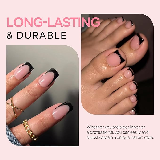 French Press On Nails and Toenails Set with 2 Nail Glue, 60Pcs Black Square 15 Sizes Medium Thick Soft False Toenail Extension, Full Cover Stick on Acrylic for Women Nail Art DIY