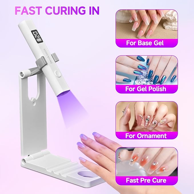 Handheld UV Light for Gel Nails with Stand, Mini Nail Lamp with LCD Display 3-Timer Modes Portable Cordless Rechargeable USB Small Nail Dryer for Fast Curing Home DIY Manicure Nail Art