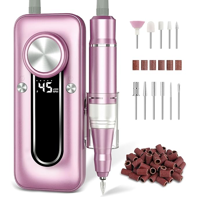 Nail Drill Electric Nail File Kit 45000 RPM Professional Efile Nail Set,Cordless Portable Rechargeable Acrylic Gel Nail Polish Remover Machine Pedicure Manicure Tool with 11 Bits for Salon Home