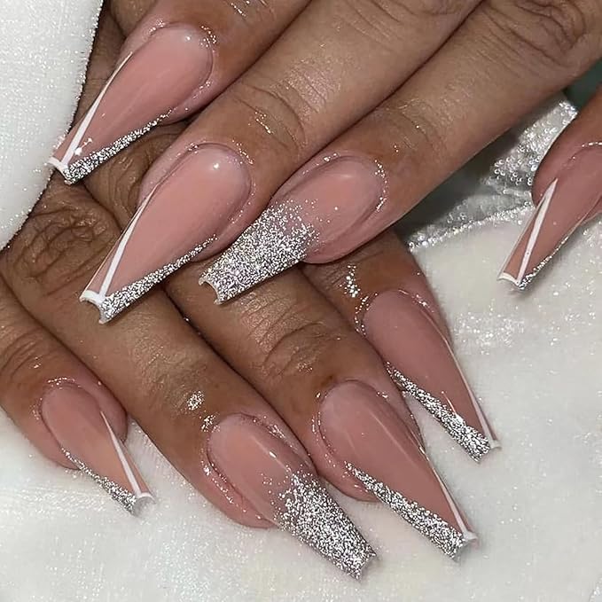 Balleria Press on Nails Silver Glitter French Tip Fake Nails | Long Coffin Glossy False Nails Full Cover Glue on Nails for Women 24PCS