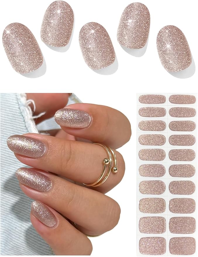 Semi Cured Gel Nail Strips (Champagne Gold Glitter), Sparkle Finish, 20 Pcs Gel Nail Wraps, Stickers, Salon Quality, Long Lasting, Works with Any UV Lamps