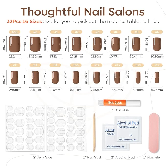 Modelones 32Pcs Brown Press on Nails, Short Square Fake Nails, Reusable Nail Kit with Nail Glue Adhesive Tabs Mini Nail File, Nails Press Ons 16 Sizes