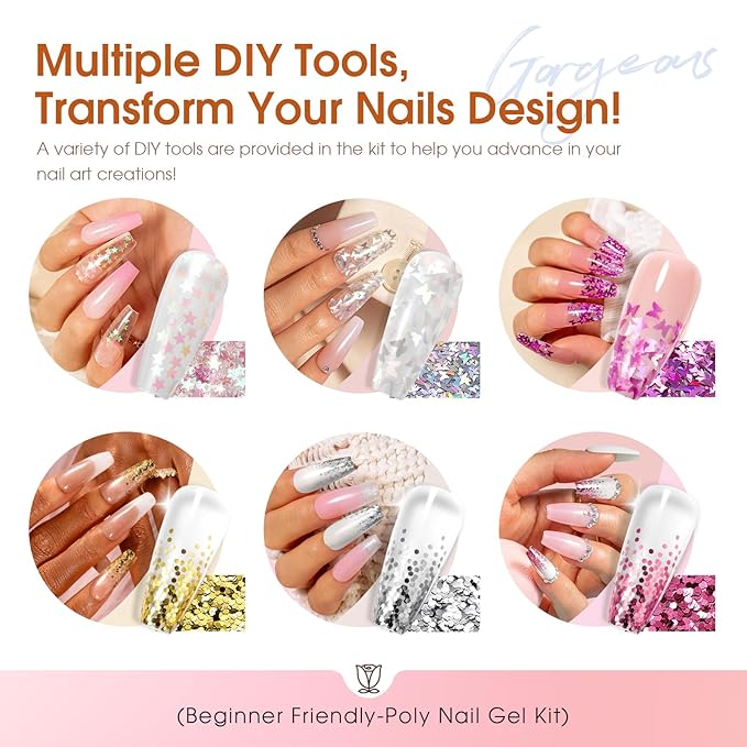 ROSALIND Poly Nail Gel Kit with Drill -14 Colors + 75 Nail Art Accessories Kit Nude Pink Series Poly Gel with Big Uv Light 48W and Electric Nail Drill Poly Nail Gel Starter Kit with Everything Gift