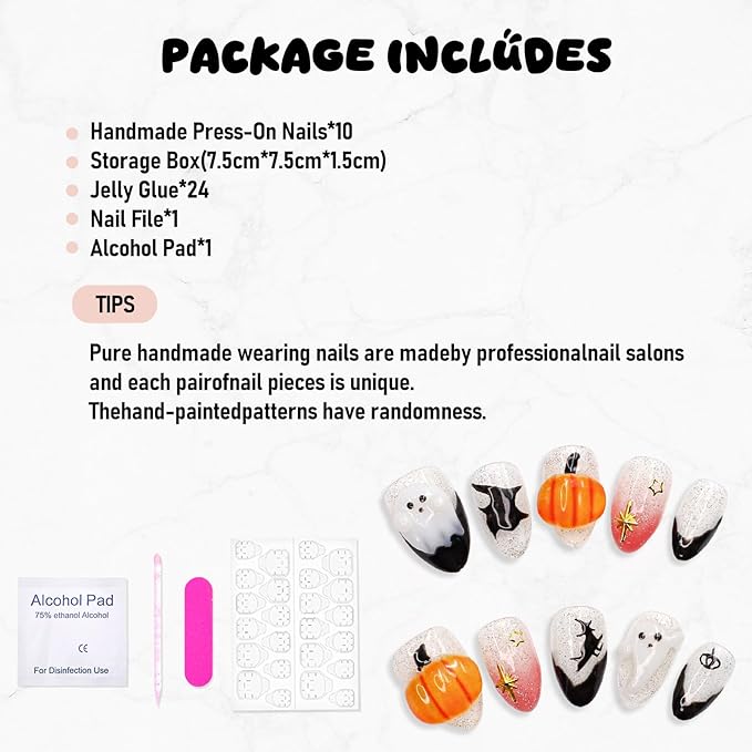 Halloween Press on Nails Handmade 3D Cute Little Ghost & Pumpkin Fake Nails Design Muti-Layer Gel Acrylic Nail Glitter Stick on Nails Full Cover Short Almond Black French False Nail for Women (Size M)