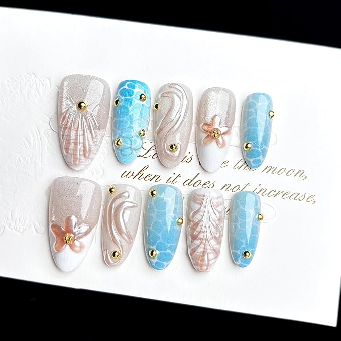 30Pcs Handmade Press on Nails Medium Almond Fake Nails 3D Gold Beads Stick on Nail French Tip Ocean False Nails with Shell Water Ripples Designs Reusable Full Cover Acrylic Nail for Women