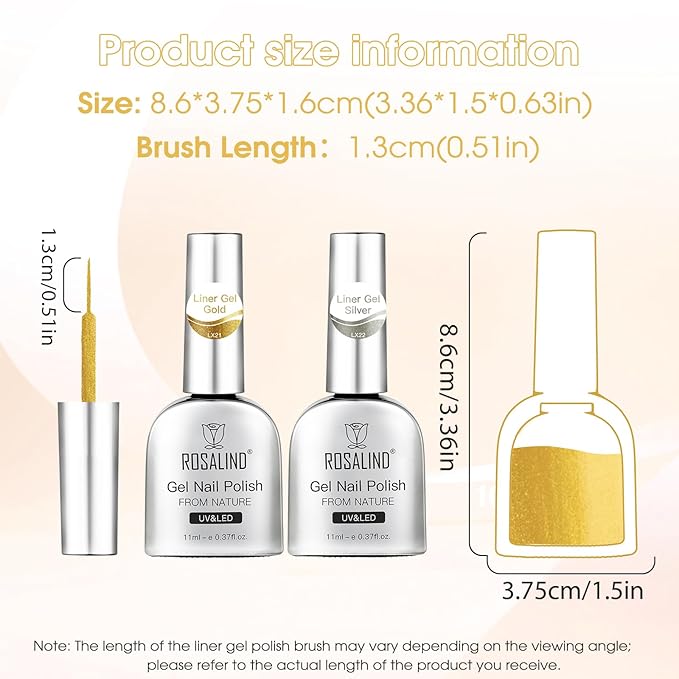 ROSALIND Metallic Nail Art Liner Gel Polish Set, 2pcs 11ml Silver Gold Gel Liner Nail Art Chrome 3D High-Gloss Effect for Nail Paint Design with Thin Brush DIY French Tips