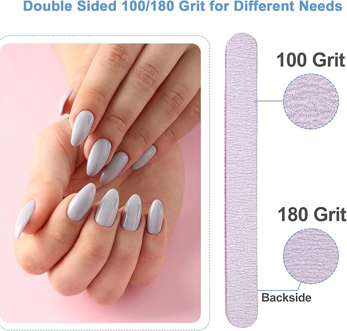 50 Pcs Nail File, Emery Board Nail Files for Acrylic Nails and Natural Nails, 100/180 Grit Double Sided Fingernail File Gel Nail Professional Reusable Washable Manicure Pedicure Kit Set Gray