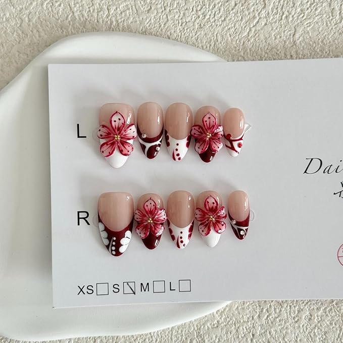 Handmade Press on Nails Medium Almond Fake Nails with French and Flower Designs Rhinestones Full Cover Handmade 3D Flower Stick on Nails for Women Decorations (Size M)