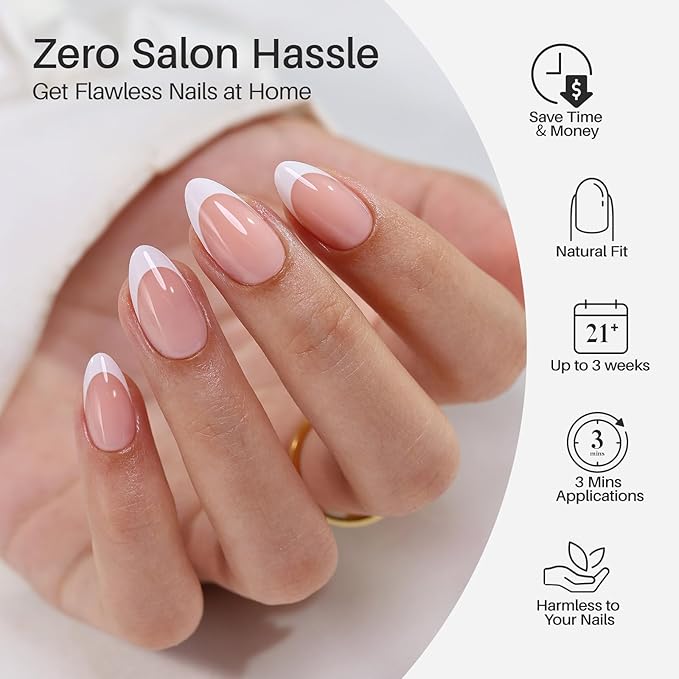 White French Tip Press on Nails Short - SHANGMENG Soft Gel Almond Nails for Women Gift, Fit Perfectly & Natural Glue on Nails in 16 Sizes - 32 Reusable Fake Nails with Glue, French White