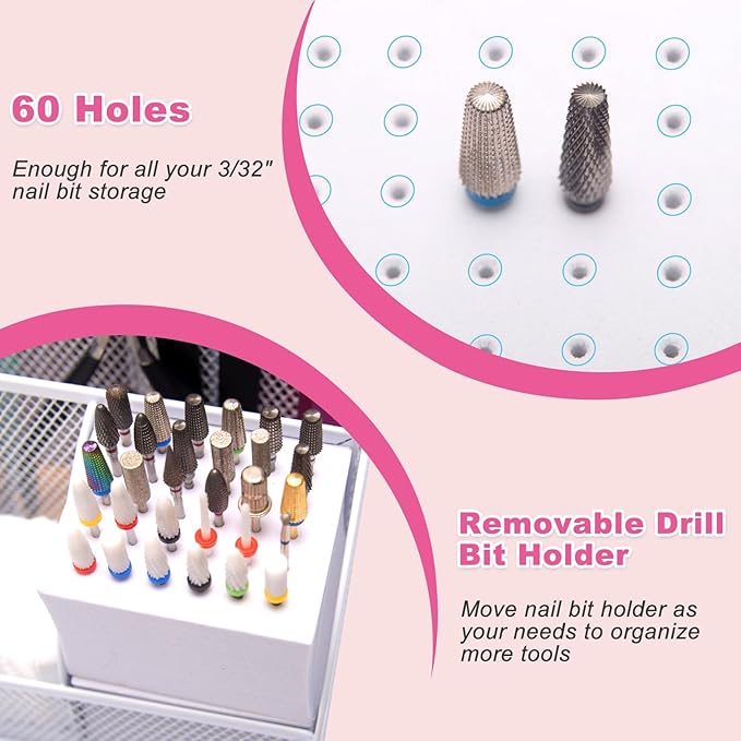 CGBE Nail Drill Bits Holder: 60 Holes Professional Drill Bit Holder for Nails - Mesh Metal Nail Tools Organizer Display Case - Nail Desk Organizer for Nail Tech - White (Not Included Nail Drill)