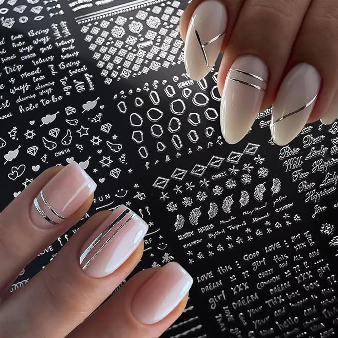 30 Sheets Silver Nail Art Stickers 3D Self Adhesive Sliver Line Nail Decals Heart Star Nail Sticker for Nail Art Silver Nail Design Nail Art Supplies for Women Acrylic Nails Decoration