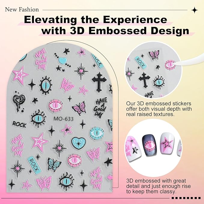 3 Sheets Rock Nail Stickers for Nail Art Adorable Cool Pink Bow Heart Cross Butterfly Evil Eye Designs 3D Embossed Self Adhesive Nail Decals for Women DIY Manicure Decoration YX1235
