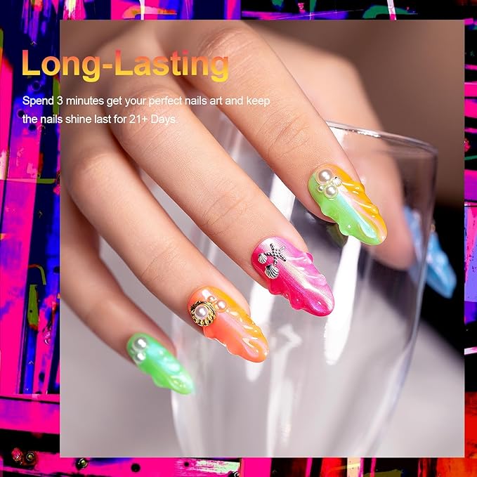 RARJSM Pearl Gel Nail Polish Set Neon Green Blue Yellow Orange Red Pink Rainbow 6 Bright Colors Iridescent Mermaid Shell Glitter Polish Shimmer Multichrome Swirl Thread Effect Curing Requires