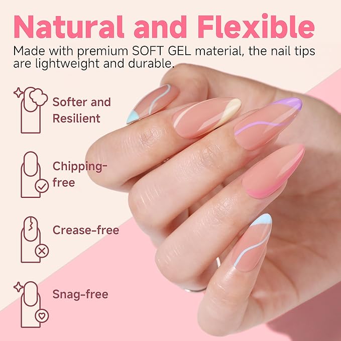 UNA GELLA Medium Almond Nail Tips, 12 Sizes Gel Nail Tips Almond Shape, 120Pcs Pre-file Soft Gel Nails Tips Clear Acrylic Fake Nails Full Cover Nails Tips for Nail Extensions DIY Salon Long Lasting