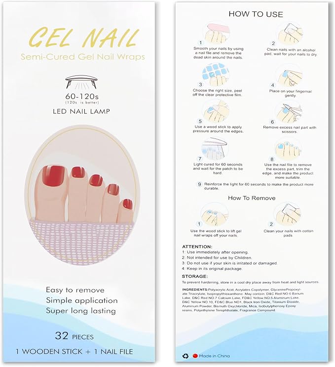 JMEOWIO Gel Toenail Stickers Red Semi Cured Gel Strips Wraps UV/LED Supplies Toenail Art Design Decoration Accessories