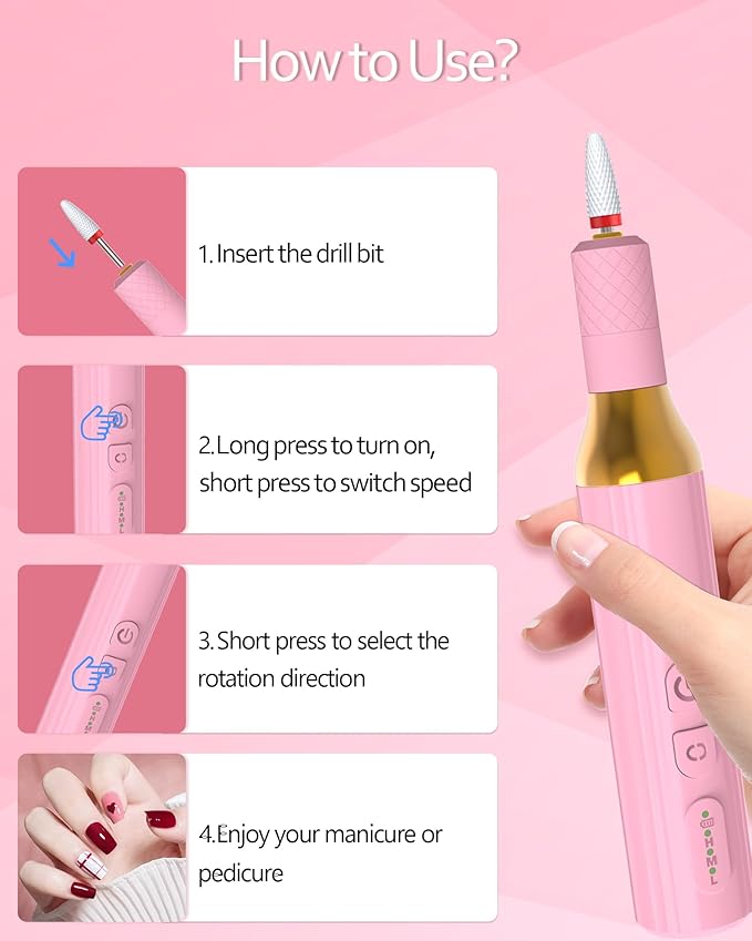 Electric Cordless Nail Drill Portable Nail Drill Machine for Gel Acrylic Nails, Rechargeable Nail File for Home Salon Electric Nail File Pink