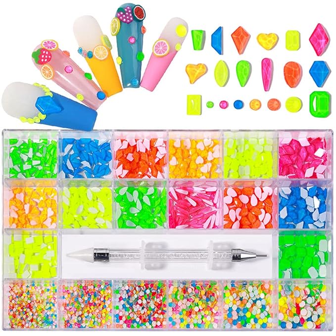 Fluorescence Crystal Rhinestones Set, 3100pcs Nail Art Gems Stones+Rhinestone Wax Pen Iridescent Clear Class Multi-Shape Flat Back Nail Jewels for Nail Art DIY Crafts Phones Clothes Shoes Jewelry Bag