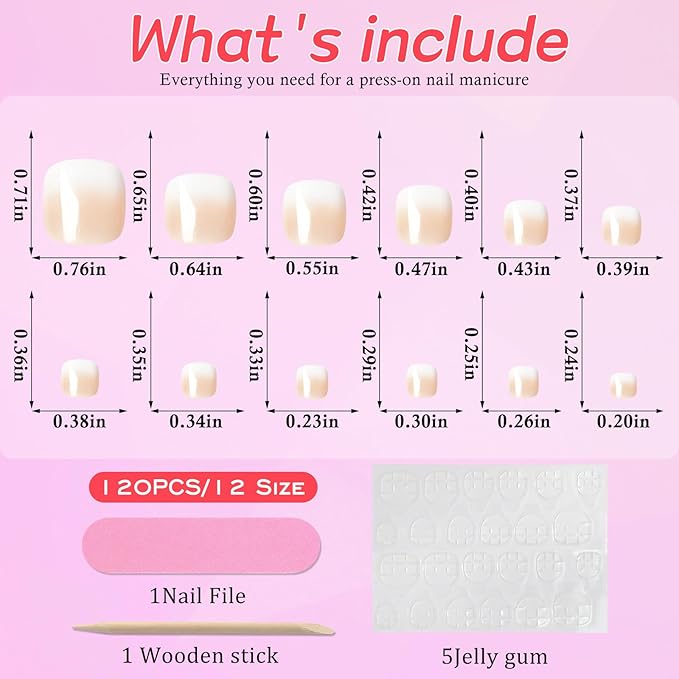 120PC Ombre Press on Toenails for Women Fake Toe nail Press ons Acrylic Toe Press on Nails Set, Ombre Press on Toe Nails Press on Fake Toenails Press ons Acrylic Toe Nail Tips Kit&Glue Tab-K
