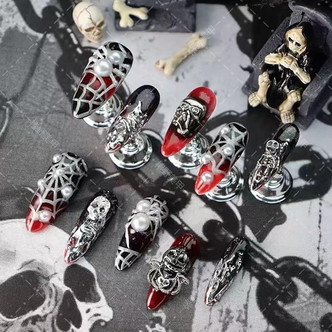 Halloween Press on Nails 100% Handmade Nail Press Ons Medium Almond Fake Nails with Spider Skeleton Silver Charms Design Ombre Red Black Halloween Nail for Women Girls Manicure Size M