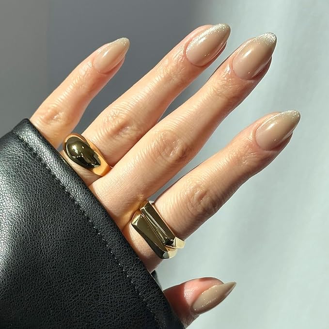 Glamnetic Press On Nails - Honey Bun Fake Nails | Trendy Neutral Nude Velvet Sparkly Short Almond Fake Nails, Salon Quality | 15 Sizes - 30 Nail Kit with Glue