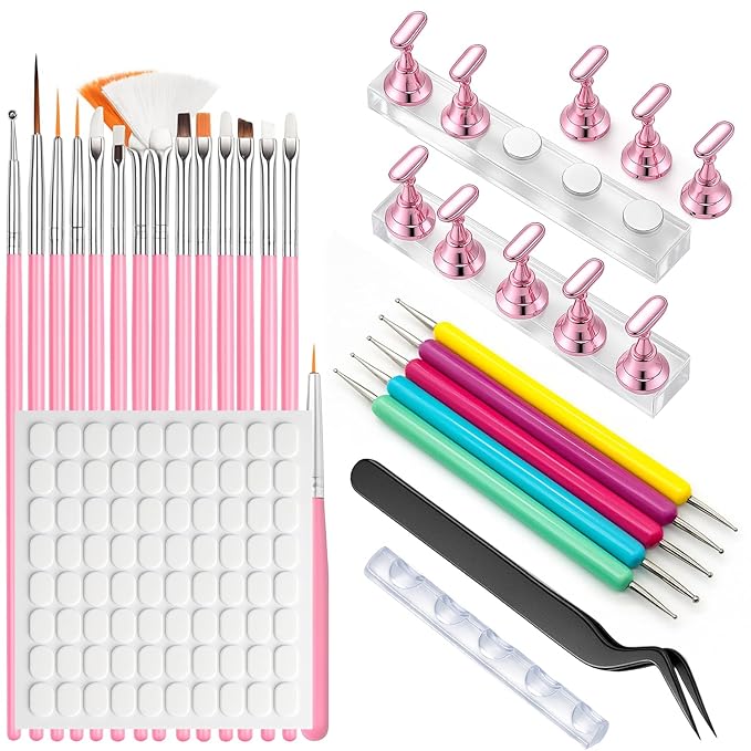 Nail Art Tools Set – 15pcs Nail Art Brushes, 5pcs Dual-Ended Dotting Pens, Nail Stand & Holder Kit, Brush Rack, Tweezers & Tape for DIY Nail Design