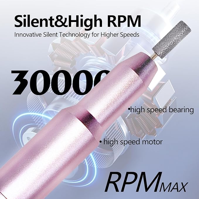 Nail Drill Kit Electric Rechargeable Set Cordless Nail Art Grinding Machine Compact Professional Nail File for Gel Manicure Pedicure Polishing Tool Household,Nail Removal Machine (Metallic Pink)