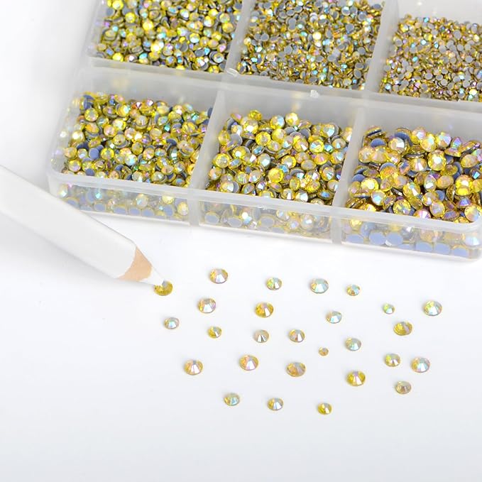 Bymitel Hotfix Crystal Rhinestones Round Gems for Crafts,Mixed 6 Sizes with Wax Pencil Kit, Citrine AB 1.3-3.2mm(SS3-SS12/8000pcs)