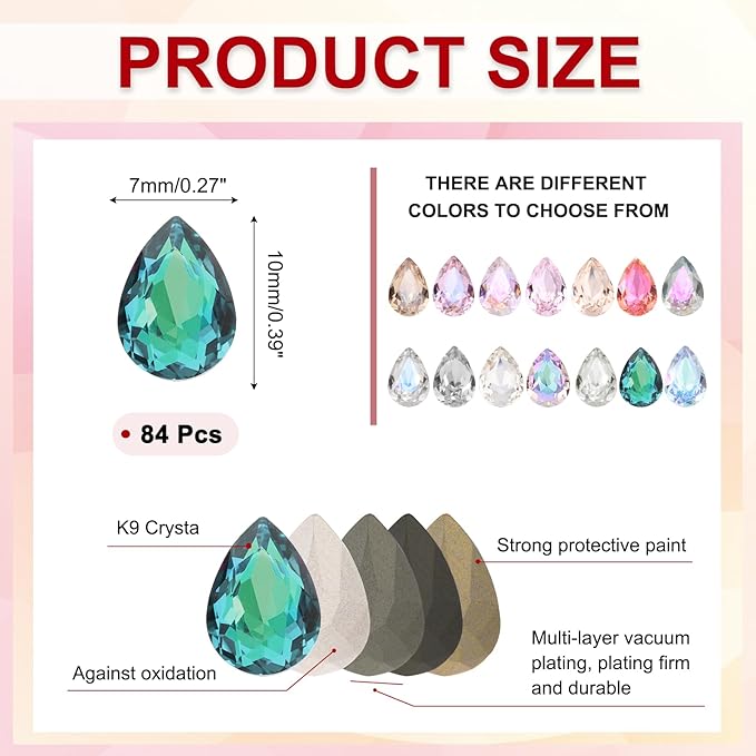 MECCANIXITY Teardrop Rhinestones 7x10mm, 84 Pcs Pointed Back K9 Glass Shiny Drop Shaped Rhinestones Crystal Gems for DIY Jewelry Making Crafts, Lake Green