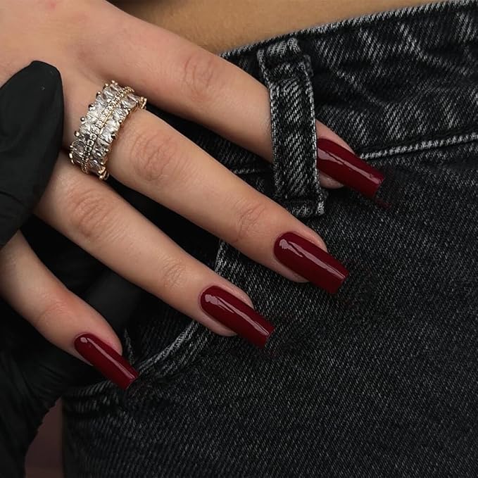 KQueenest Marron Red Press on Nails Long Medium Square, Burgundy Red Fake Nails Medium Coffin, Glossy Opaque Color Acrylic Nails Press ons, Reusable Dark Soft Gel Glue on Nails for Women Fall Winter