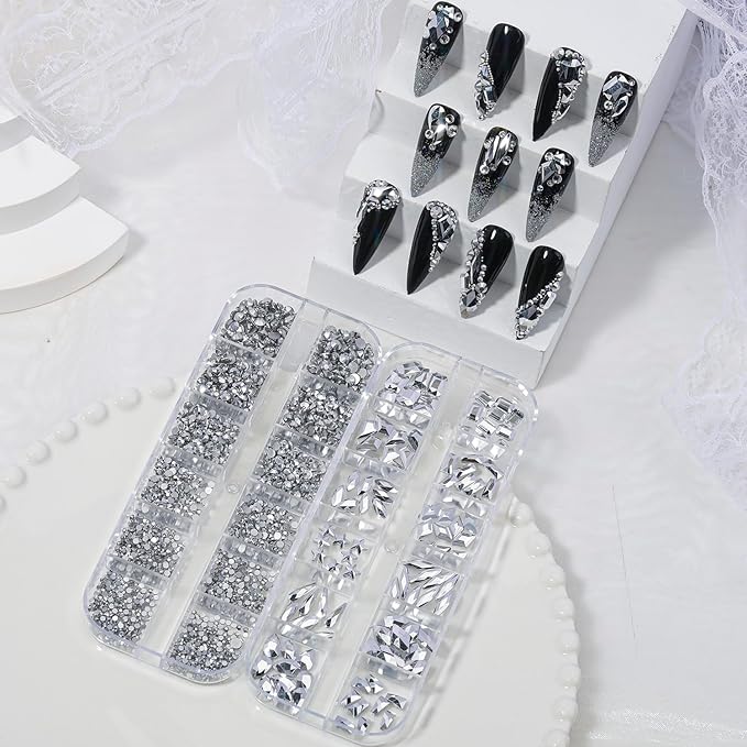 Nail Rhinestones - 3D Multi Shape Size, Flat Back, Manicure Rhinestones Charms, Crystal Silver Gems, with Kit, for Nail Art, Bedazzling Acrylic Nails, DIY Decor